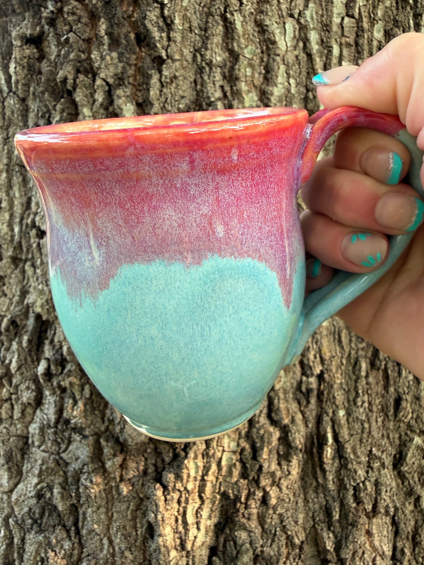 Mug, pink and aqua.