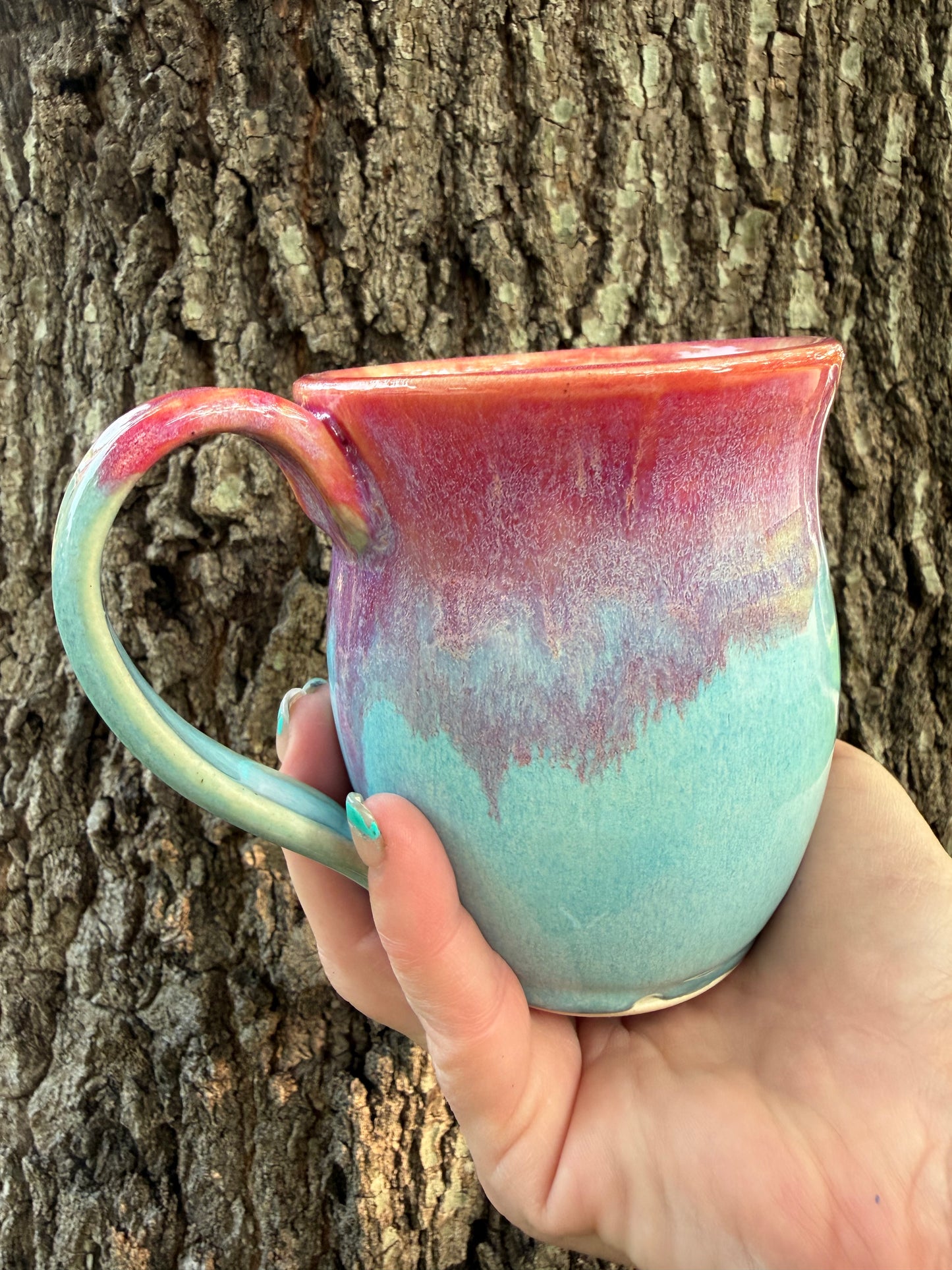 Mug, pink and aqua.